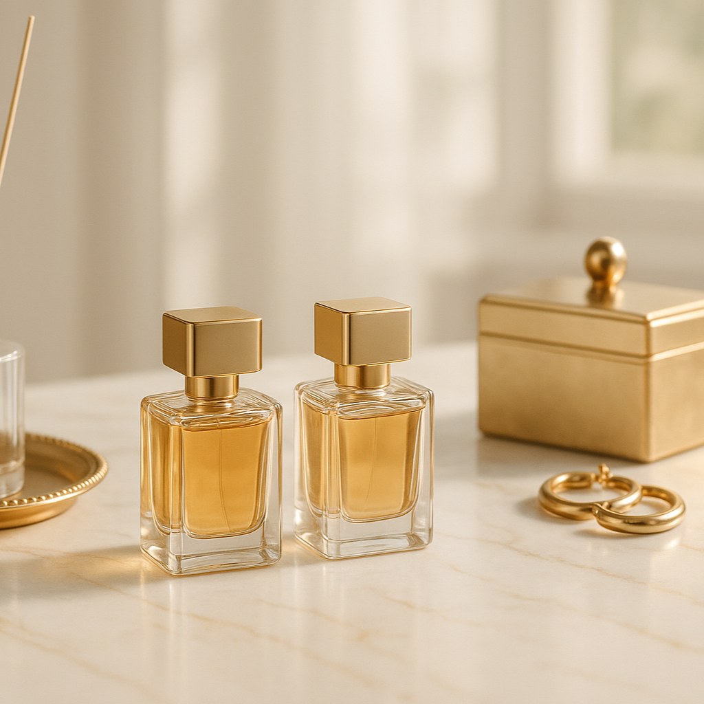 Gold-themed decorative items including diffusers and jewelry on a marble surface.